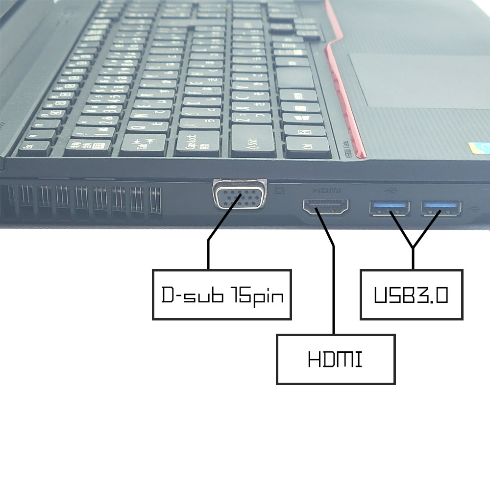 富士通 FMV LIFEBOOK A574/HXの左側面端子（D-sub15pin、HDMI、USB3.0）